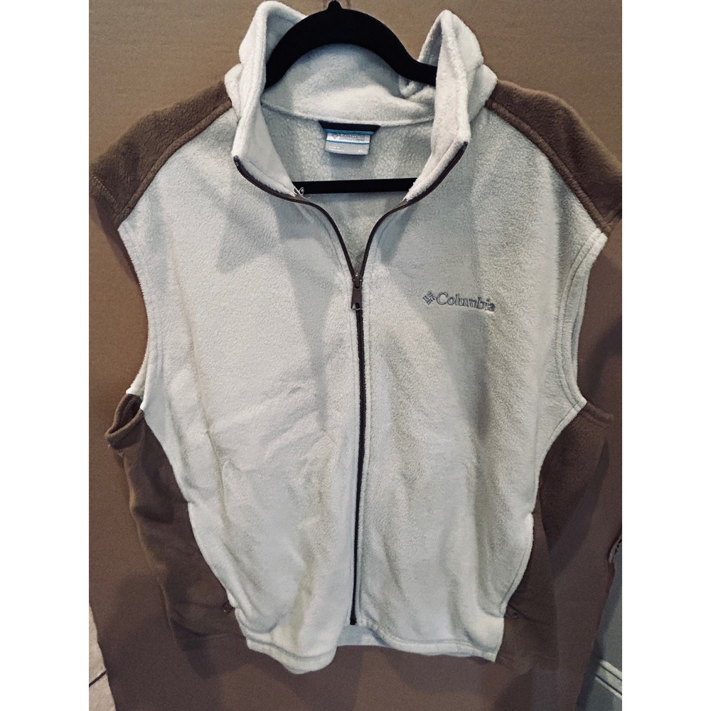 Columbia Fleece Vest Men XL Cream Brown Full Zip Mock Neck Outdoor